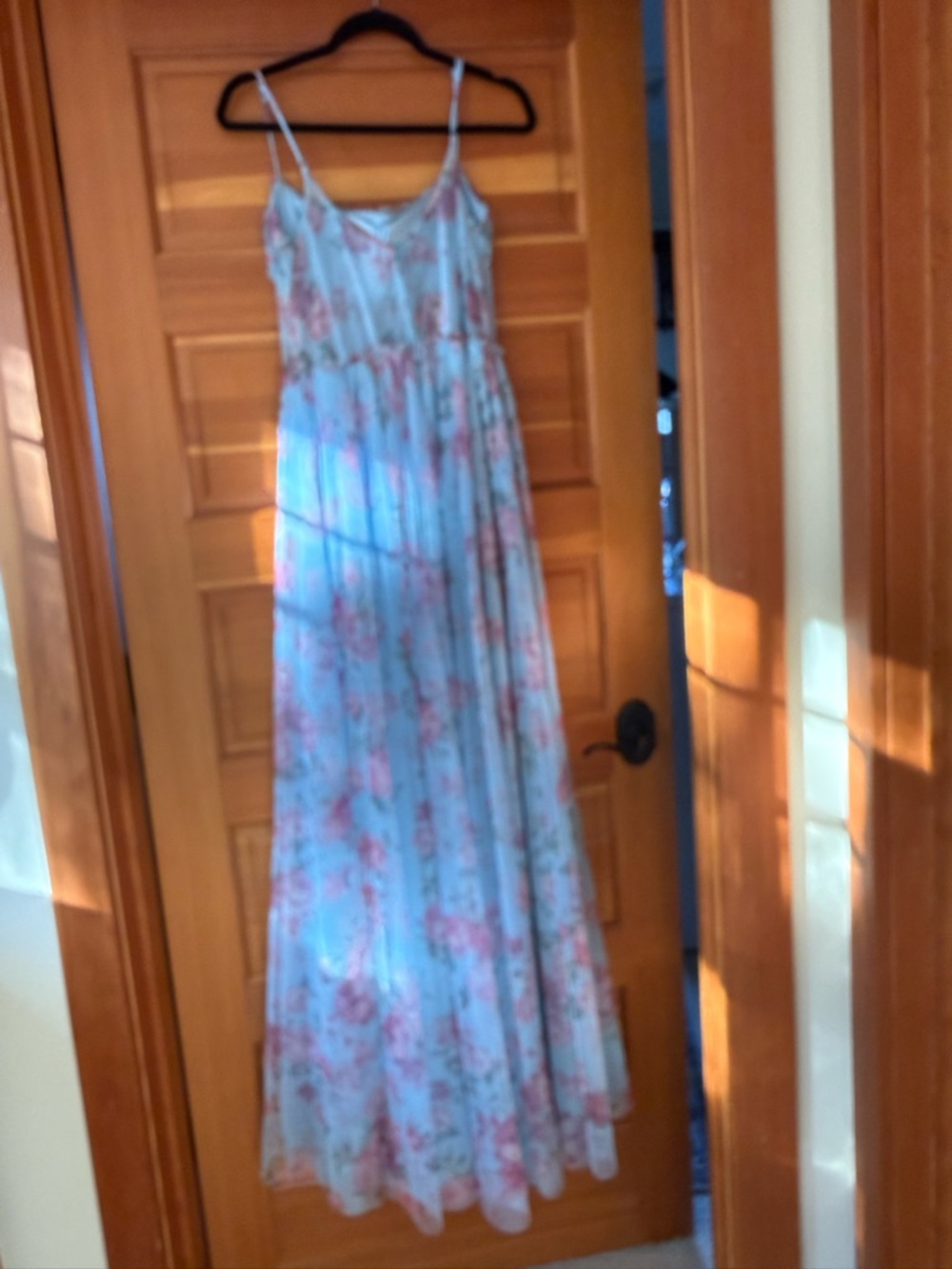 Blue Floral Maxi Dress with Pink Rose Print
